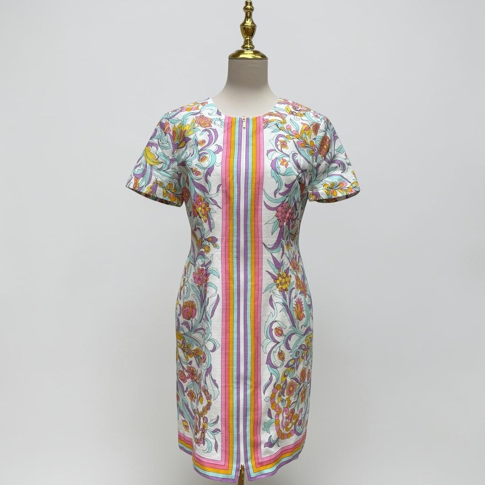Trina Turk Arboretum Sheath Dress 8 Multicolor Floral Zip Front Cotton Pique Mod
